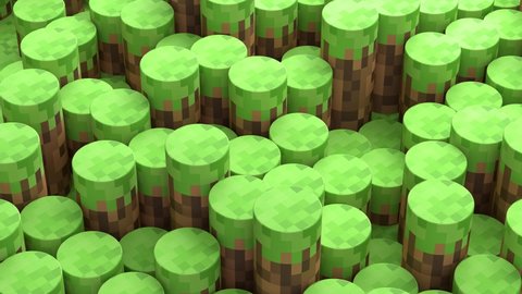 3D Abstract cylinders. Video game geometric mosaic waves pattern. Construction of hills landscape using brown and green grass round blocks. 3D animation of seamless loop. 4K UHD