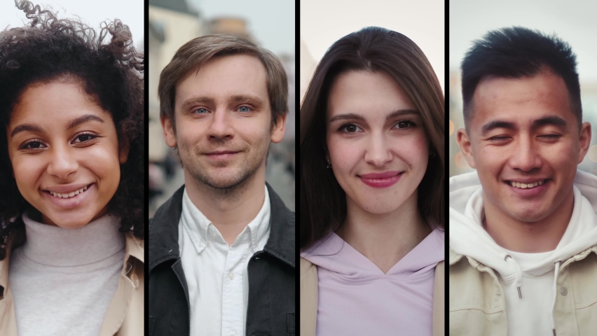 Collage portrait of mix raced young professionals or students, happy young international group, man and woman smiling, happy people