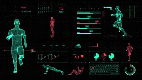 Futuristic HUD panel with 3D human fitness models and other health metrics
