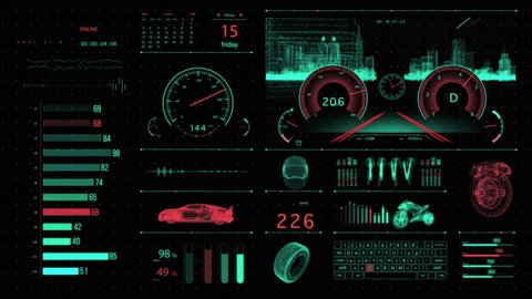 Futuristic 3D automotive HUD panel with vehicle gauges and component stats