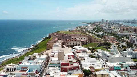 San Juan Puerto Rico, Famous Castillo San Cristobal Fortification, Largest Spanish Fortress in New World. Aerial Revealing View on Downtown and Atlantic Ocean
