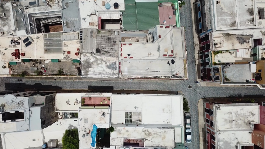 Empty Streets of Caribbean City, Apocalyptic Scenery. Top Down Aerial View of Vacant San Juan Puerto Rico Neighborhood