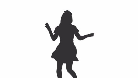 Black and white silhouette of pretty woman dancing in skirt and having fun, Full HD footage with alpha transparency channel isolated on white background
