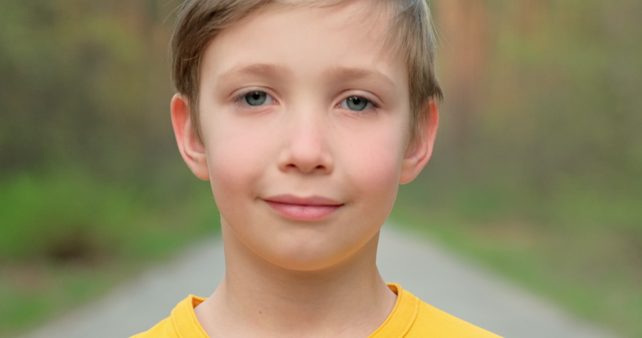 Closeup face of  little boy looking to camera on the nature.  White boy of 8 years old is staring, outdoors. Slowly zooming  to the child's face. Cute schoolboy blond kid with blue eyes with a smile Royalty-Free Stock Footage #1058814646
