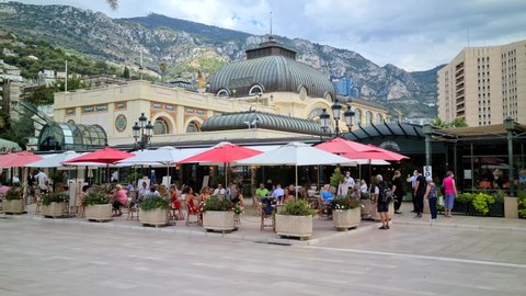 Monte-Carlo, Monaco - September 9, 2020: 8K People Having A Drink At The Cafe De Paris, Coffeehouse And Restaurant Belle Epoque Style On The Casino Square In Monte-Carlo Monaco, Europe  - 8K UHD 