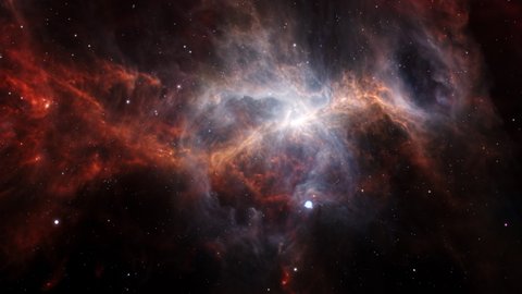 Space flight into The dusty side of the Sword of Orion. 4K 3D rendering. Flight Through Space With star field, Galaxy and Nebulae. Elements furnished by NASA image.