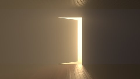 Door opens and a bright light flooding a dark room. Can be used as a concept of new innovations, future and hope, new beginning or a win of a fight for freedom