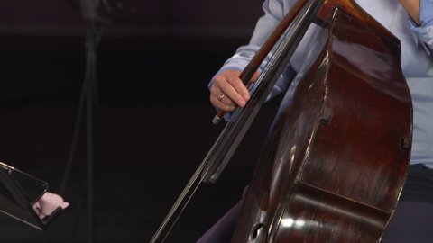 Cello orchestra musician plucking bass strings slow rhythm close up