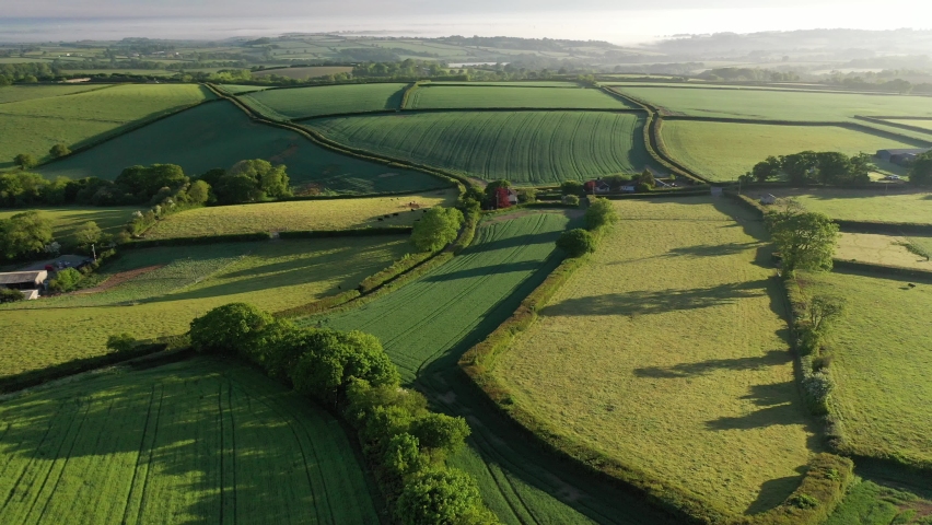 Aerial clip of rolling Dartmoor countryside in early morning sunlight, South Tawton, Devon, England, United Kingdom, Europe Royalty-Free Stock Footage #1058824780