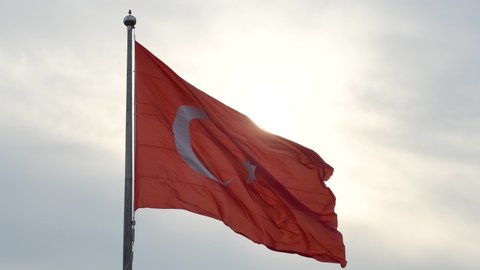4K clip of Turkish Flag waving on a cloudy day, Istanbul, Turkey