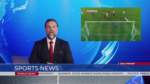 Live News Studio with Male Anchor Reporting Sports News on Soccer Game Score, Video Story Show Montage of Highlights of Two Teams Playing Football, Scoring Beautiful Goal. Mock-up TV Channel Newsroom