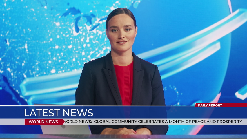 Live News Studio with Professional Female Anchor Reporting on the Events of the Day. Television Channel Newsroom with Newscaster Talking. Running Ticker Shows World, Business, Politics, Sports News Royalty-Free Stock Footage #1058828593