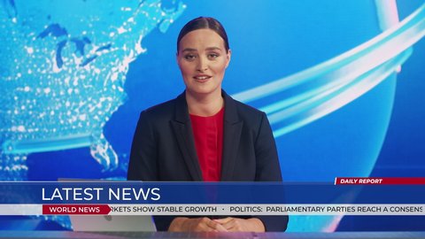 Live News Studio with Professional Female Anchor Reporting on the Events of the Day. Television Channel Newsroom with Newscaster Talking. Running Ticker Shows World, Business, Politics, Sports News