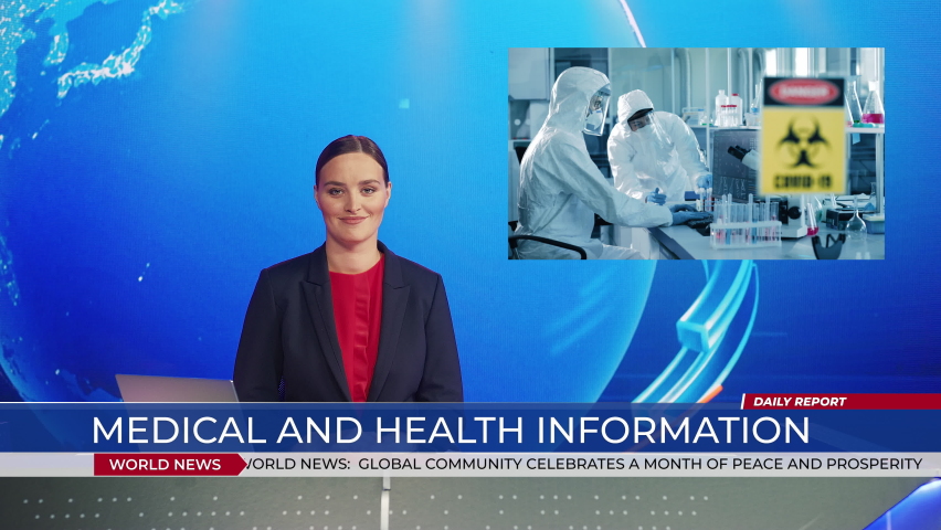 Live News Studio with Female Anchor Reporting on Covid-19 Virus Pandemic, Video Story Show Montage in Medical Research Laboratory Developing Vaccine Medicine, doing Tests. Mock-up TV Channel Newsroom Royalty-Free Stock Footage #1058828626