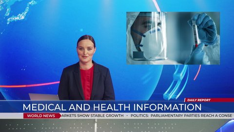 Live News Studio with Female Anchor Reporting on Covid-19 Virus Pandemic, Video Story Show Montage in Medical Research Laboratory Developing Vaccine Medicine, doing Tests. Mock-up TV Channel Newsroom
