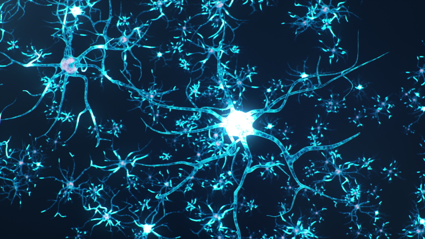 Animation neurons in the brain.Synapse and Neuron cells sending electrical chemical signals. Activity of electrical impulses synapses, axons, neurotransmitters, dendrites in the brain, 4K 3D Animation Royalty-Free Stock Footage #1058830396