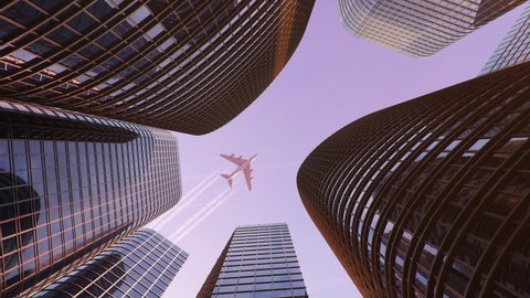 Airplane flight over the business center of skyscrapers. Bottom view of skyscrapers with a flying plane at sunset in the evening, business district. Success business concept. 3D animation 4k UHD