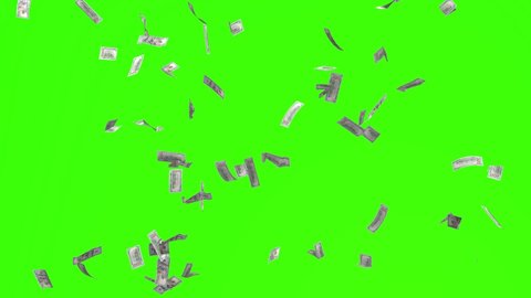 Animation of 100 dollar bills falling on green screen or chroma key, concept of business success, inflation, rich, millionaire, lottery and abundance. Slow motion. Money rain 3D background in 4k.