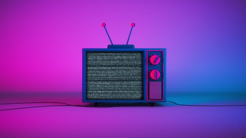 3d Retro Television mock up move in and out shot, no signal on screen, glowing colorful pink, purple and blue background. 