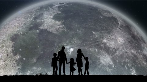 A Silhouette of a Family Watching on the Slowly Spinning Moon Around of the Earth. Flight Into the Infinite Universe. The Travel of Satellite of Earth. Moon Rising Over the Horizon on Sky Up.