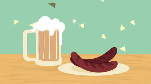 oktoberfest celebration animation with beer jar and sausages ,4k video animated