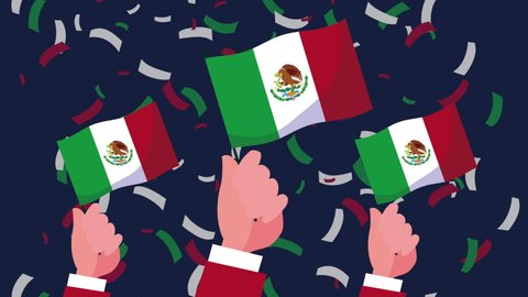 mexico celebration animation with hands waving mexican flags,4k video animated