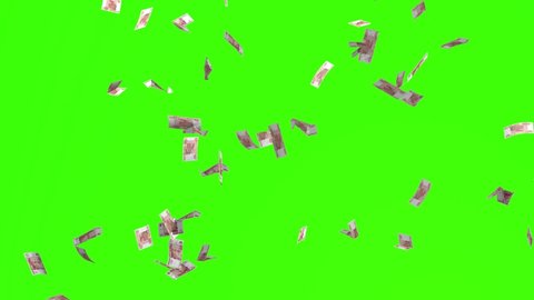 Animation of russian rubles bills falling on green screen or chroma key, concept of business success, rich, millionaire, lottery and abundance. Money rain 3D background in 4k.