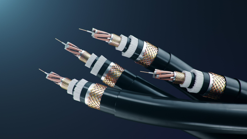 Concept of fiber optic cable on a colored background. Future cable technology. Detailed curved cable in cross section. Powerful communication technology network. Seamless loopable 3d animation 4K