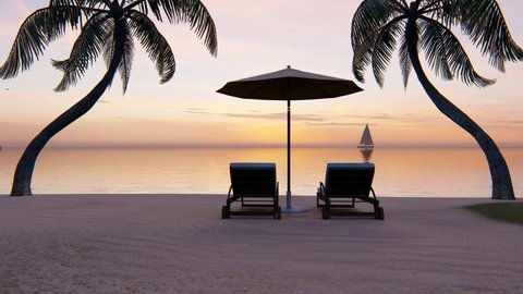 Panoramic beautiful sandy beach with sunbeds and umbrellas in Indian ocean, Maldives island. Landscape palms turquoise sea and sunset sky. 4K.