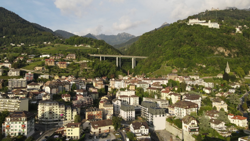 Flying toward the old and the bridge of the motorway, Montreux, Switzerland.