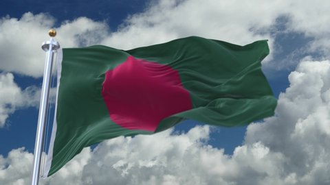 looping flag of Bangladesh with flagpole waving in wind,timelapse rolling clouds background.A fully digital rendering.