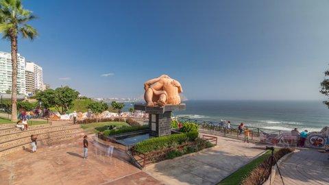LIMA, PERU - CIRCA MAY 2019: El Parque del Amor or Love park timelapse hyperlapse in Miraflores, Lima, Peru. The Kiss statue with people sitting and walking around