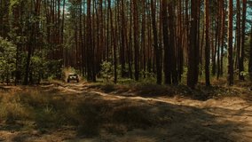 SLOW MOTION. Buggy car driving fast in cross country road. Fast rally auto is going with big clouds of dust. Speed riding of a racing off-road car in the forest road. Cinematic sport clip. 