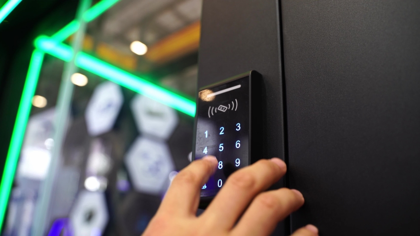 Staff push down electronic control machine with finger scan to access the door of or data center. The concept of data security or data access control. Royalty-Free Stock Footage #1058873944