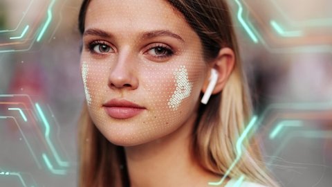 Face ID. Future 3D Cyberpunk Technology Concept. Face of Young Caucasian Woman for Face Detection. Eye Biometrical Iris Scan Reading for Person Identification. Augmented Reality.