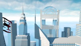Aerial drone fly on the top of skyscrapers 3d graphic animation