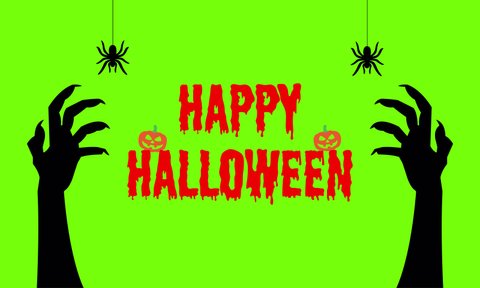 Animated bloody text Happy Halloween with zombie hands, spiders on cobweb and pumpkins. Template for banner, invitation, greeting, animation on green background