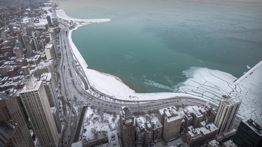 Beautiful time lapse view of Lake Michigan partially frozen over and Lake Shore Drive during the 2019 Polar Vortex that brought extreme cold temperatures to the midwest.