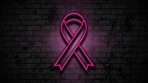 Breast cancer awareness month. Neon glowing laser pink ribbon tape on grunge brick wall. Women healthcare abstract motion background. Video animation Ultra HD 4K 3840x2160