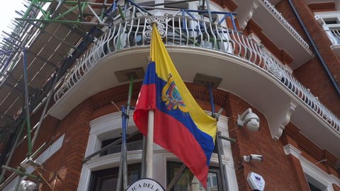 London, UK- 09.11.2020:the name plate and national flag on the Embassy of Ecuador building, its diplomatic mission in Britain famously known for providing refuge for Julian Assange.