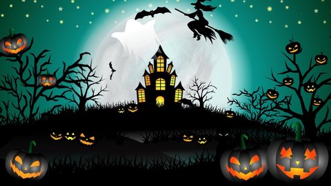 Full halloween background animation with concept of night background, moon, stars, fog, animated trees, grasses, pumpkins, haunted castle, flying witches, bats, ghosts, and blinked silhouette cat