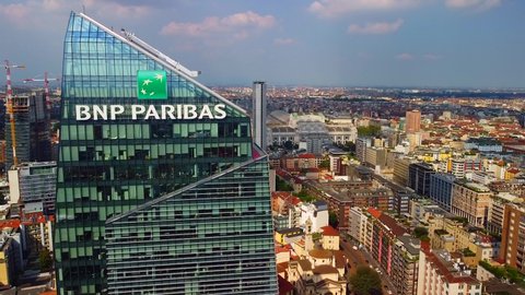 Milan, Italy, 09/09/2020: Aerial view of the promenade of Porta Nuova Varezine. Office buildings. Drone shooting. Modern houses made of glass and concrete. BNP Paribas Leasing Solutions building