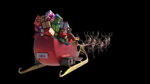 Santa Sleigh Flies Alpha Matte Christmas Gifts Reindeer Back 3D Rendering Animation 4K