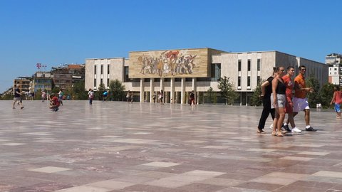 Tirana,Albania August 2019-National History Museum, Mosaic Square- timelapse