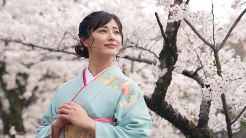 Young asian woman wearing kimono. Cherry blossoms. Japanese traditional clothes.