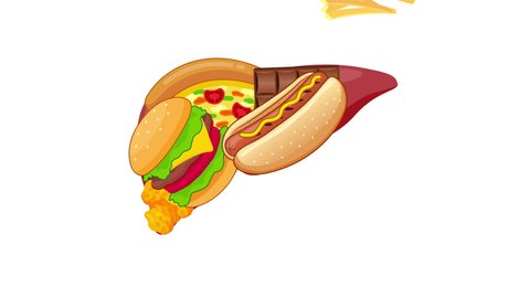 Unhealthy food in shape of liver. Fatty liver awareness concept.  Health care info-graphic animation.