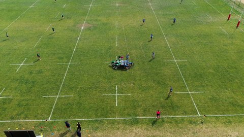 Teams restarting play. Introducing ball in the scrum. Rugby match Polytechnic vs Tech-A-S in Odessa, Ukraine. April, 2019.