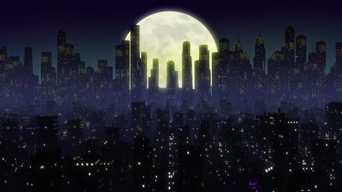 Endless flying through foggy futuristic city jungle with full moon on the background. Seamless loop of the night city. Animated midnight city view.