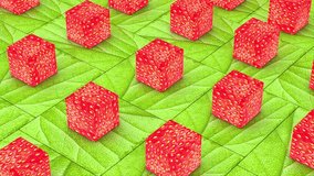 Fresh ripe juicy red sliced strawberry fruit 3d render animated abstract background, organic healthy sweet raw tasty berry seamless looping 4k animation, vegetarian summer snack creative concept.