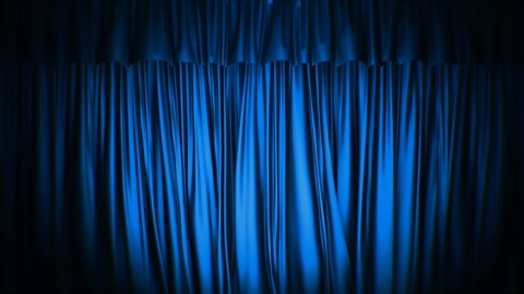 Realistic dark 3D animation of the blue stage curtains rendered in UHD, alpha matte is included